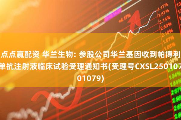 点点赢配资 华兰生物: 参股公司华兰基因收到帕博利珠单抗注射液临床试验受理通知书(受理号CXSL2501079)